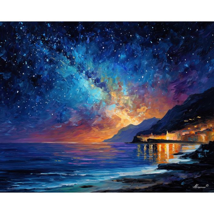 portugal night sky,stars landscape,oil painting,afremov style