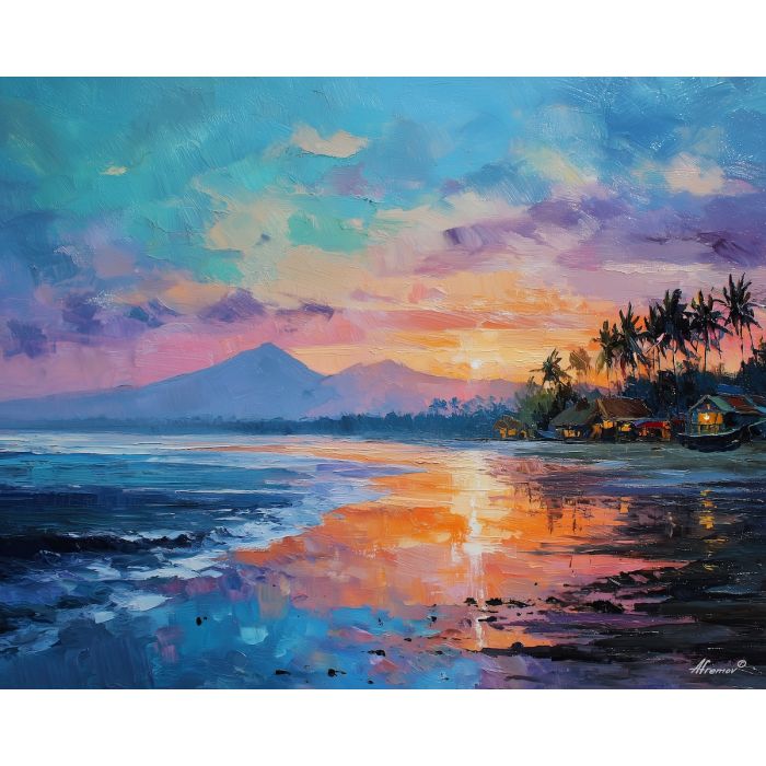 lombok beach,dawn shoreline,oil painting,afremov style