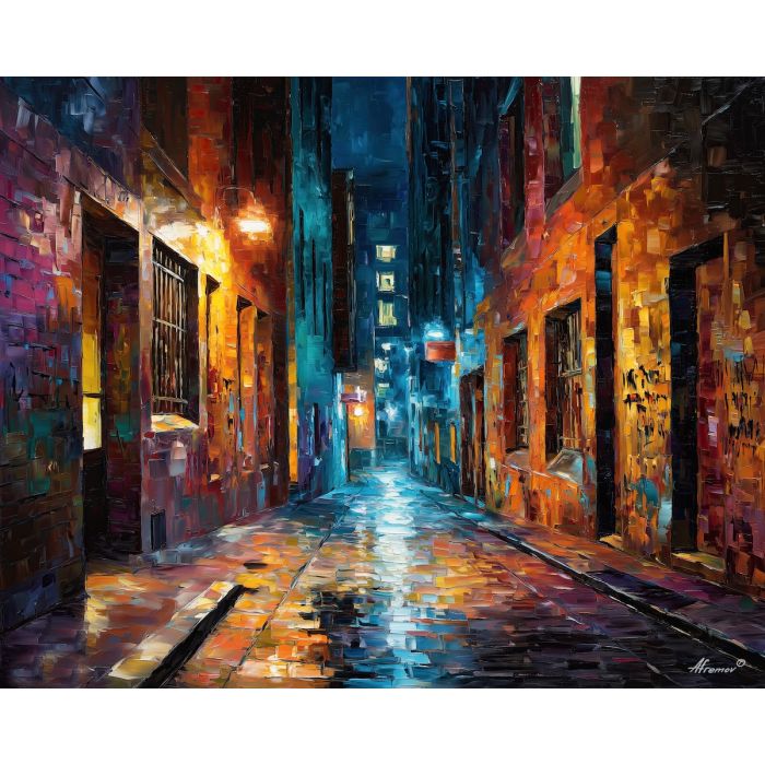 melbourne laneway,city street,oil painting,afremov style,urban scene