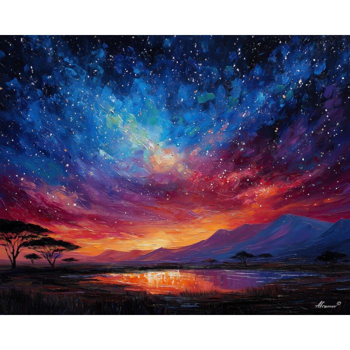 african night sky,stars landscape,oil painting,afremov style