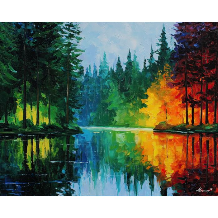 finland lake,forest reflection,oil painting,afremov style
