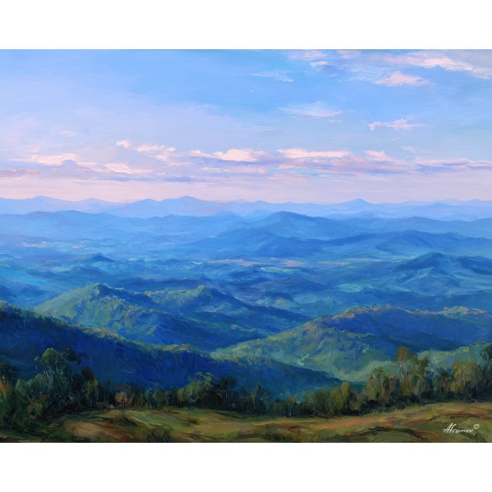 blue ridge mountains, rolling hills, oil painting, usa landscape, appalachian scenery, soft light, painterly texture, calm scenery, mountain overlook, detailed oil, serene mood, american nature