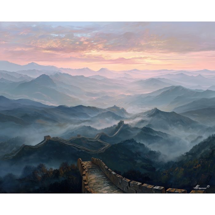 great wall of china, misty mountains, oil painting, world wonder, ancient architecture, soft sunrise, painterly texture, calm atmosphere, historic landscape, detailed oil