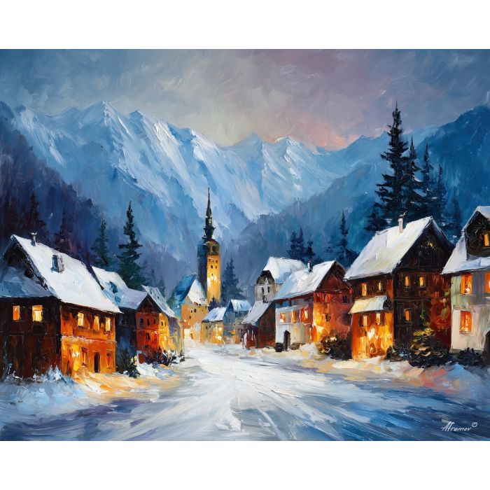 austrian winter village,snow landscape,oil painting,afremov style
