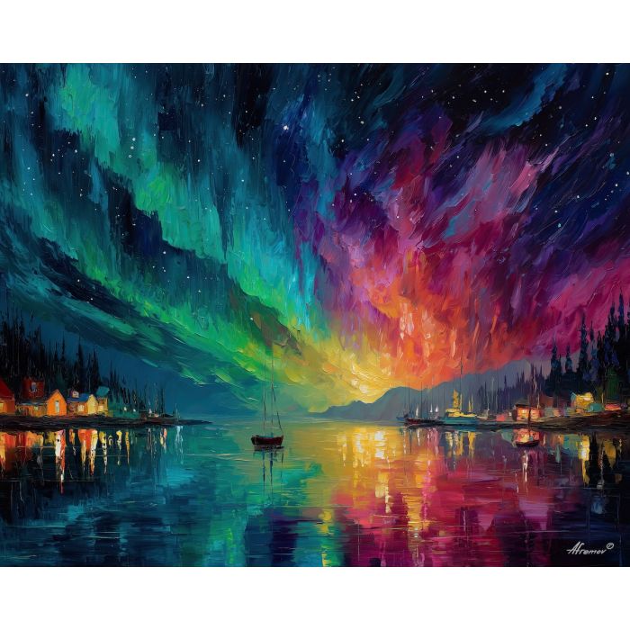 aurora borealis,iceland lagoon,oil painting,afremov style