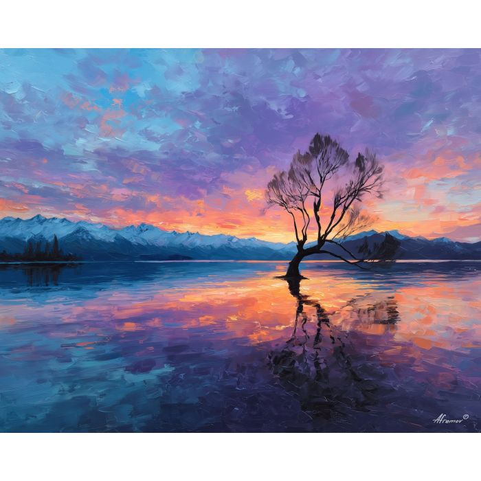 wanaka tree,new zealand lake,oil painting,minimal nature,afremov style