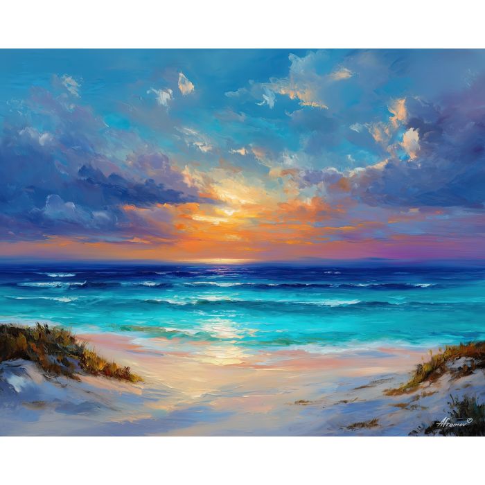 cancun beach, mexican coast, oil painting, turquoise water, afremov style, tropical scenery