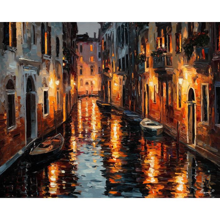 venice canal,italy city,oil painting,reflections,afremov style,evening light