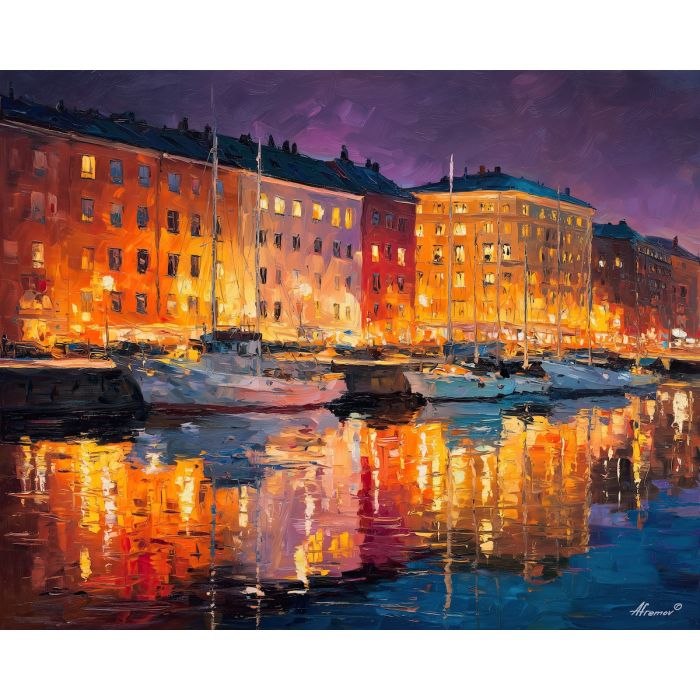 helsinki harbor,finland city,oil painting,afremov style,coastal light
