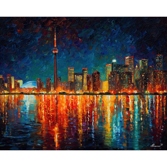 toronto skyline,canada city,oil painting,night lights,afremov style