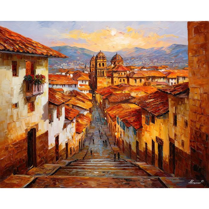 cusco city,inca stone streets,oil painting,afremov style