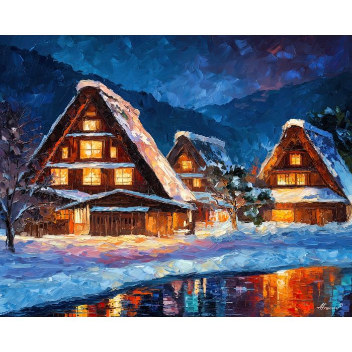 shirakawa go,winter japan,oil painting,afremov style