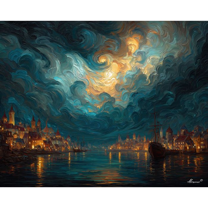 fantasy storm harbor, glowing clouds, oil painting, magical world, dramatic sky, painterly texture