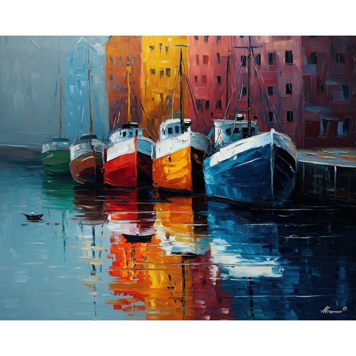 norway fishing boats,harbor scene,oil painting,afremov style