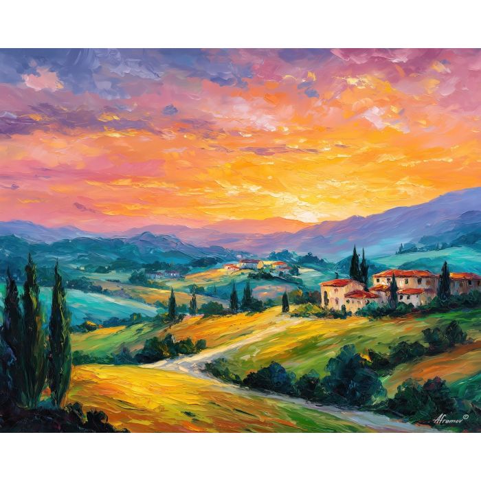 spain hills,sunset landscape,oil painting,afremov style