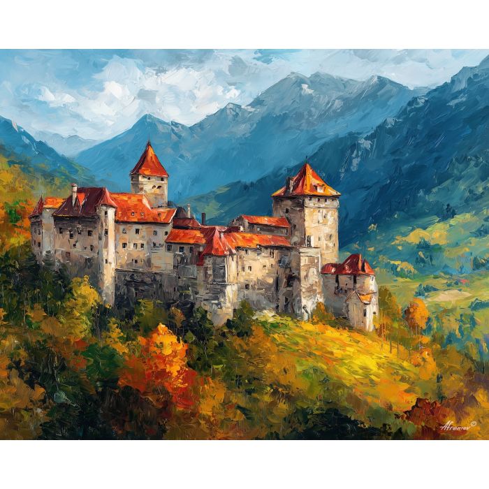 austria castle,historic landscape,oil painting,afremov style
