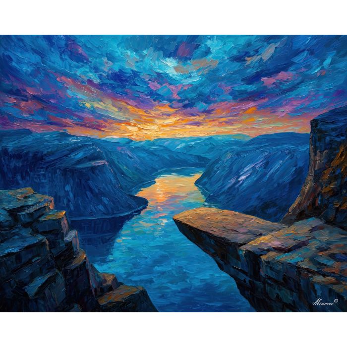 trolltunga,norway cliffs,oil painting,fjord view,afremov style