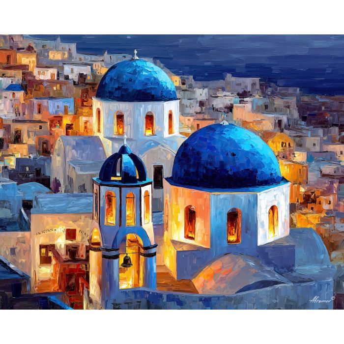 santorini church,blue dome,greece,oil painting,afremov style