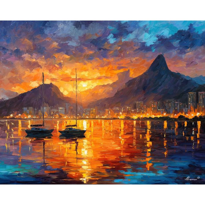 rio de janeiro,guanabara bay,brazil coast,oil painting,afremov style,sunset