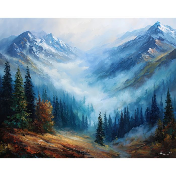 austrian alps mist,morning landscape,oil painting,afremov style