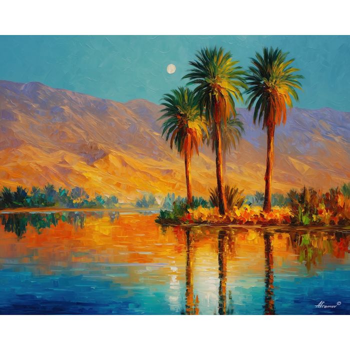 egypt oasis,palm trees,oil painting,afremov style