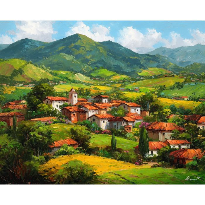 brazil valley,green hills,oil painting,afremov style