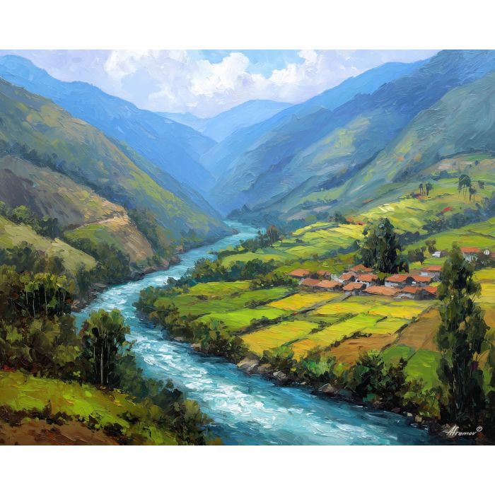 peru river valley,green landscape,oil painting,afremov style