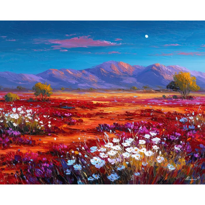 australian desert,blooming flowers,oil painting,afremov style