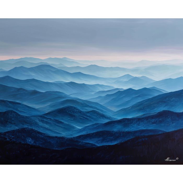 smoky mountains, blue ridges, oil painting, usa landscape, appalachian mountains, misty hills, painterly texture, calm scenery, sunrise light, detailed oil, serene mood, american nature, peaceful view, layered mountains, soft colors, tranquil land