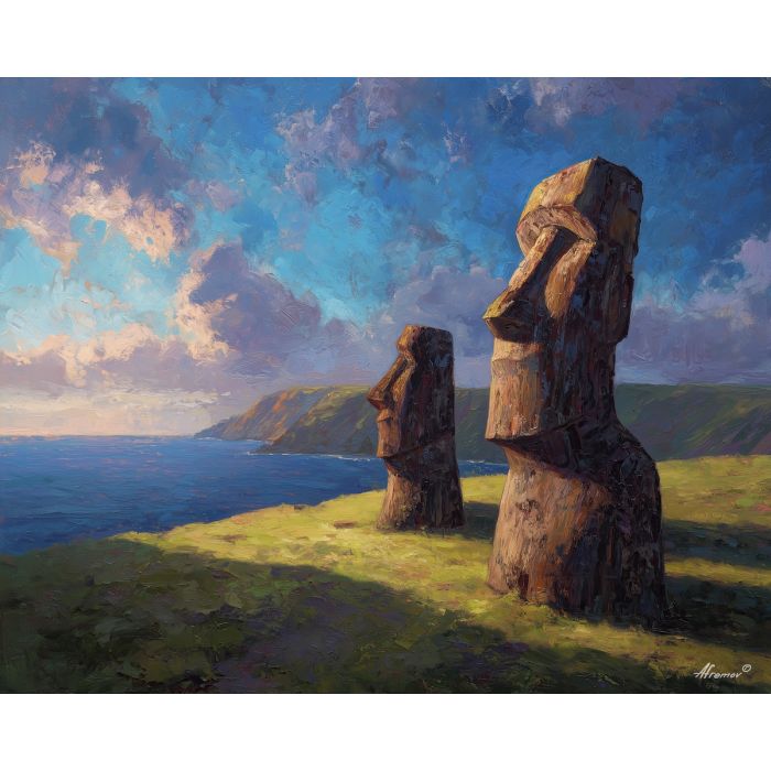moai statues, easter island coast, oil painting, world wonder, ocean view, painterly texture, calm atmosphere, detailed oil