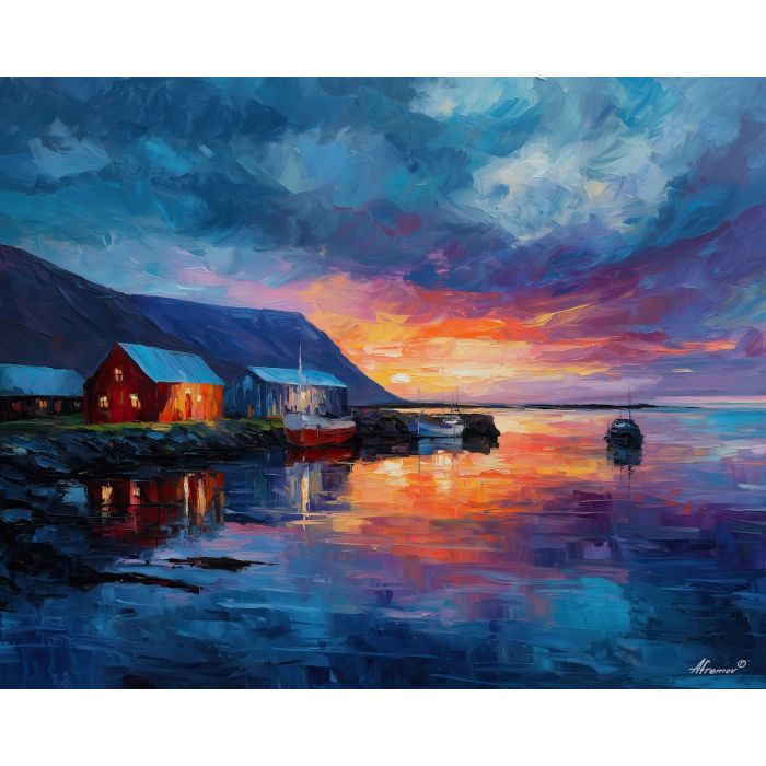 iceland coast dawn,morning sea,oil painting,afremov style