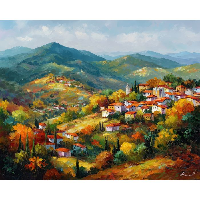portugal autumn hills,seasonal landscape,oil painting,afremov style