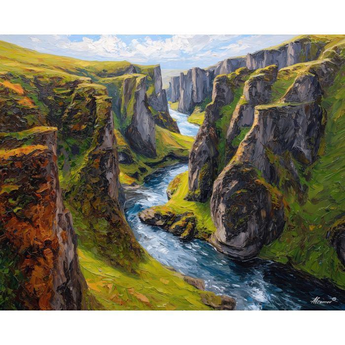 iceland canyon,river gorge,oil painting,afremov style