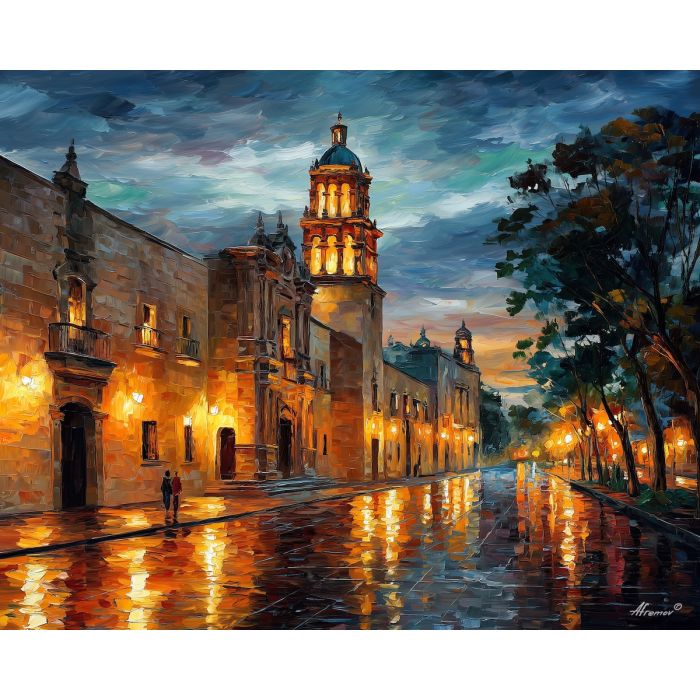 morelia city, colonial mexico, oil painting, historic architecture, afremov style, evening light