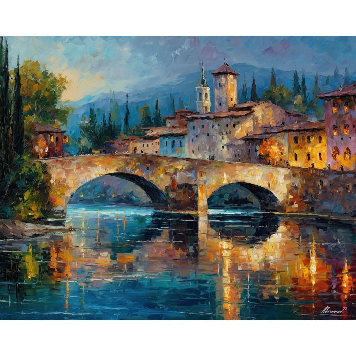 verona bridge,italy city,oil painting,historic architecture,afremov style