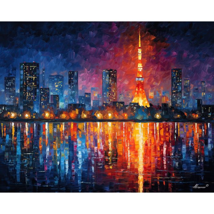 tokyo skyline,neon lights,japan city,oil painting,afremov style,night scene