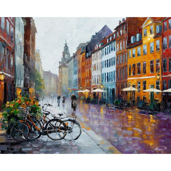 copenhagen bicycles,city street,oil painting,afremov style
