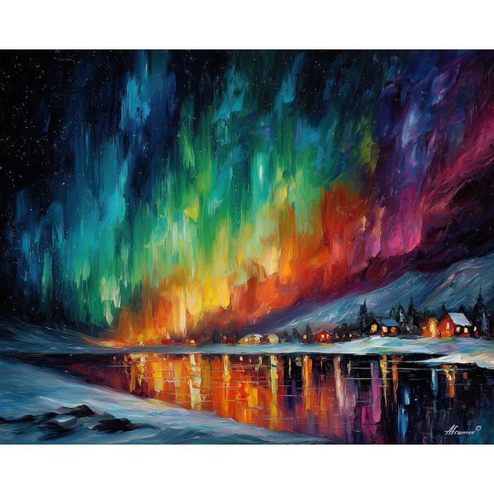 lapland aurora,northern lights,sweden winter,oil painting,afremov style