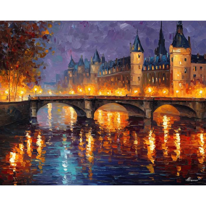 paris bridge,seine river,dusk,oil painting,afremov style