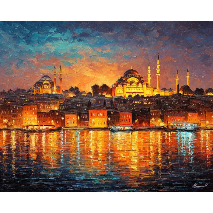 istanbul skyline,bosphorus,domes,minarets,oil painting,afremov style,golden light