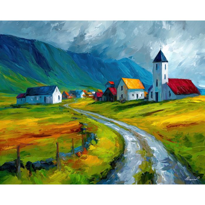 iceland village,road landscape,oil painting,afremov style