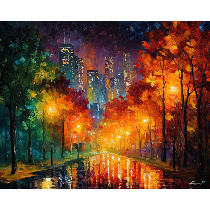 fantasy forest city, glowing leaves, oil painting, magical world, warm colors, painterly texture