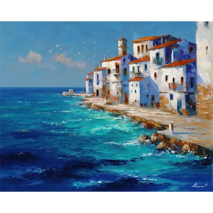 aegean coast,turkey seaside,oil painting,afremov style