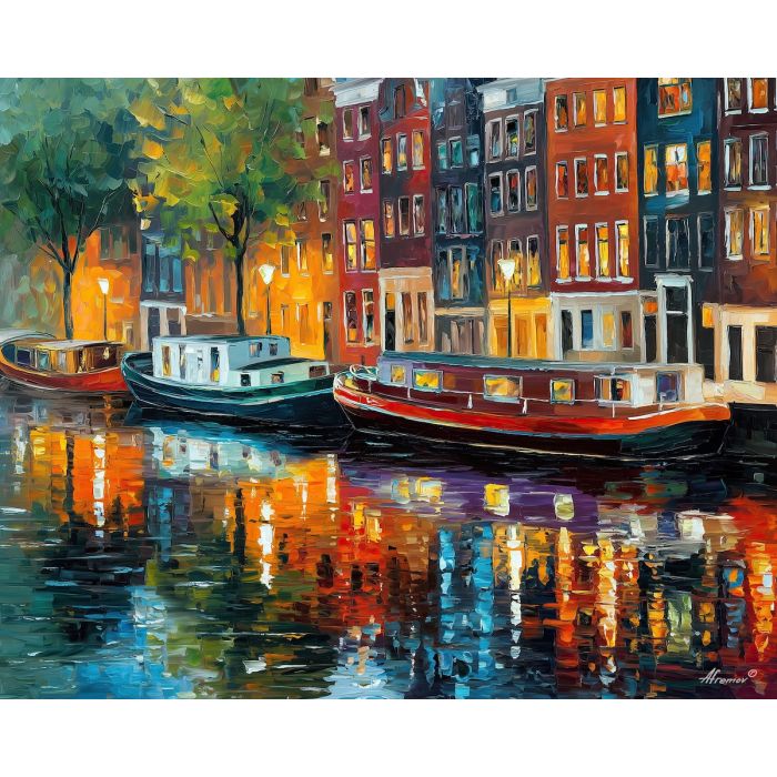 amsterdam houseboats,canal living,oil painting,afremov style