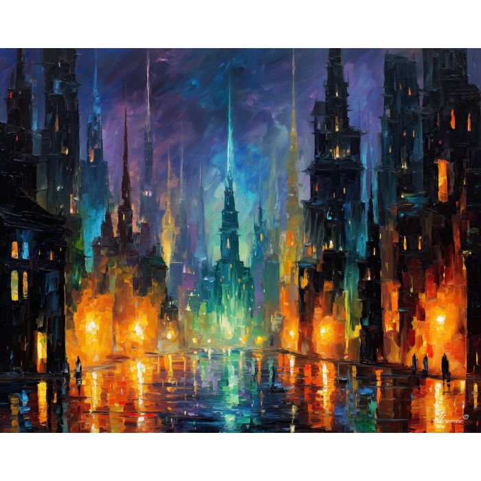 fantasy dark city, crystal spires, oil painting, magical world, glowing streets, painterly texture, dramatic color