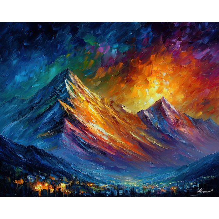 fantasy mountains, rainbow light, oil painting, magical world, glowing landscape, painterly texture, dreamlike scenery