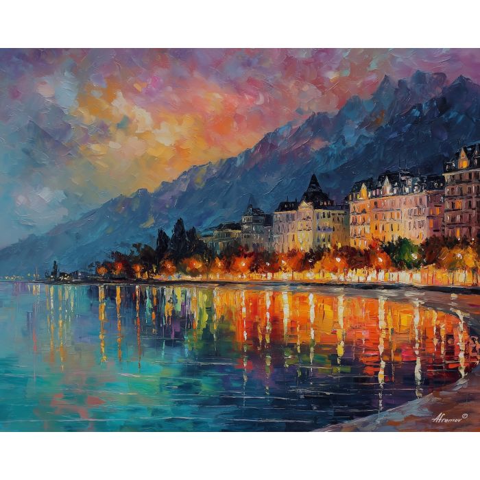 montreux lake geneva,swiss coast,oil painting,afremov style