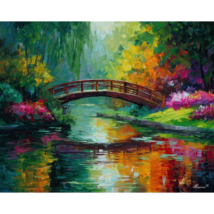 japanese garden,arched bridge,oil painting,afremov style