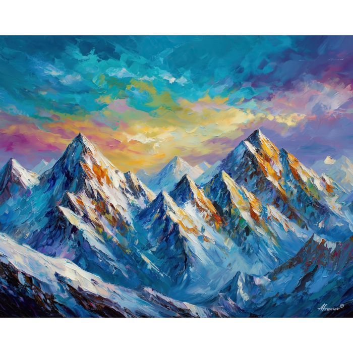 swiss alps peaks,clear sky,oil painting,afremov style