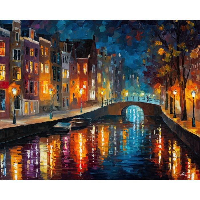fantasy canal city, glowing lanterns, oil painting, magical world, night reflections, painterly texture, dreamy cityscape